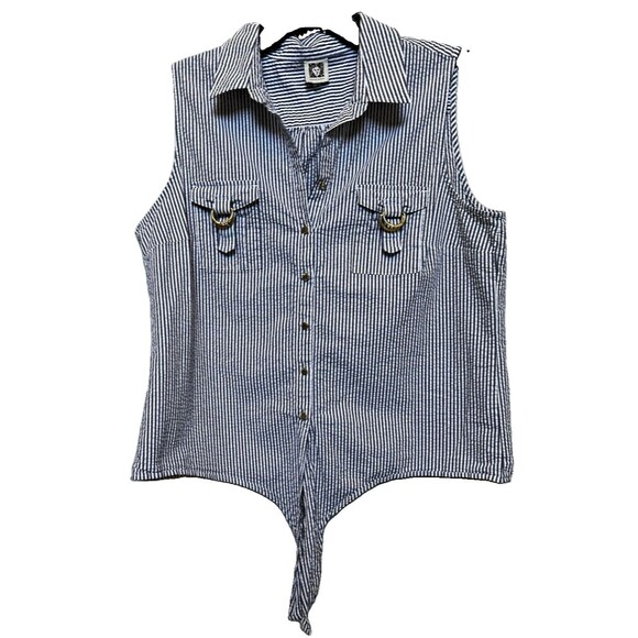 Anne Klein Tops - Anne Klein Blue & White Searsucker Collared Sleeveless Button-Up Top Womens XL